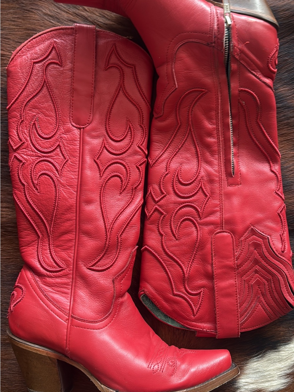 Women's Red Leather Western Heeled Boots